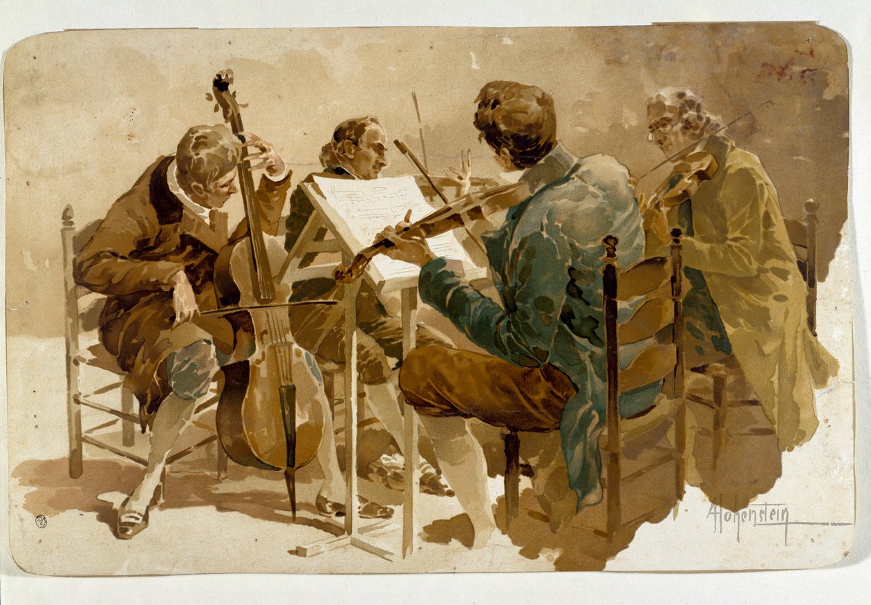Fyra musiker Tre violinister och en cellist. Affisch av Adolfo Hohenstein (1854-1928) Dim. 293x454 cm Privat samling av Adolfo Hohenstein