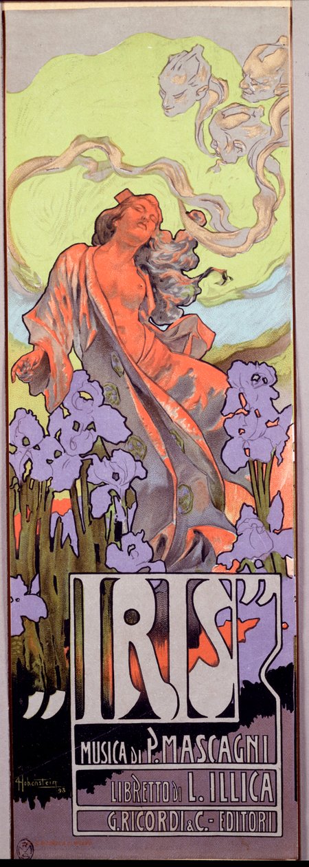 Iris Opera komponerad av Pietro Mascagni och italiensk libretto av Luigi Illica (1898). Affisch illustrerad av Adolfo Hohenstein (1854-1928) 1910 Dim. 10x29,5 cm Milanesisk privatsamling av Adolfo Hohenstein