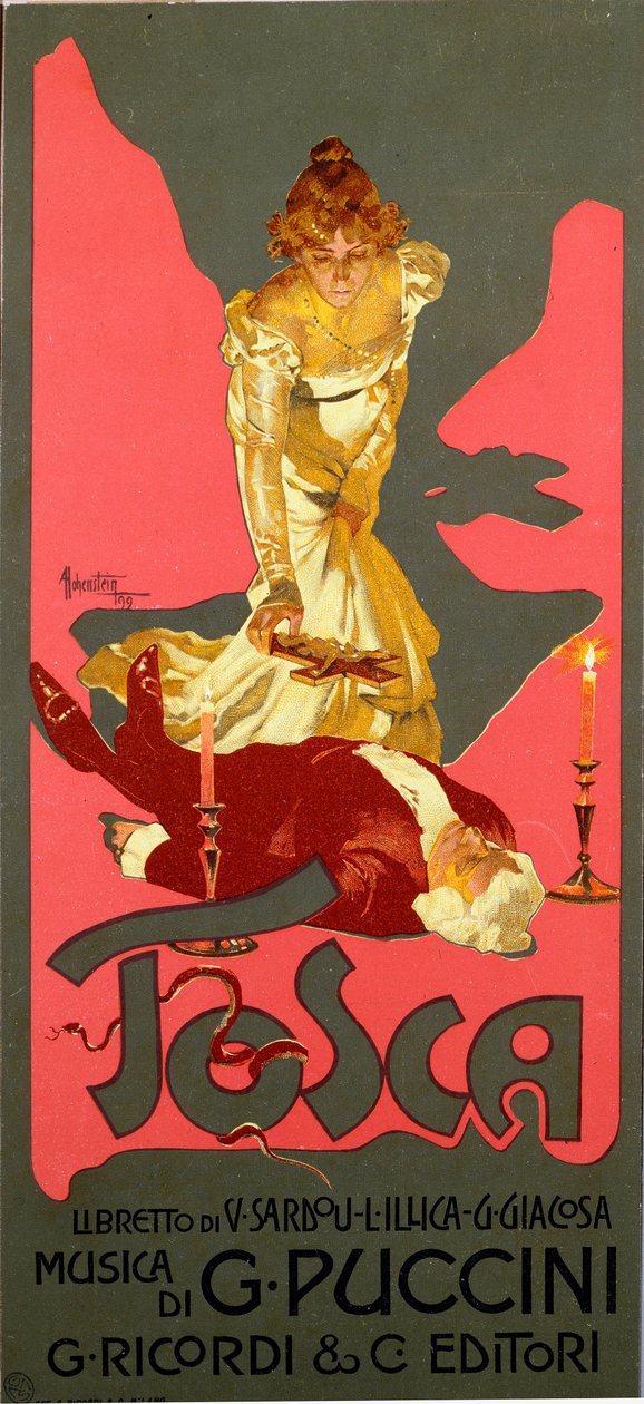 Affisch i Liberty-stil för operan "La Tosca" av Giacomo Puccini (1858-1924) 1906 Dim. 30x13,5 cm Illustration av Adolfo Hohenstein (1854-1928) Milanos privatsamling av Adolfo Hohenstein