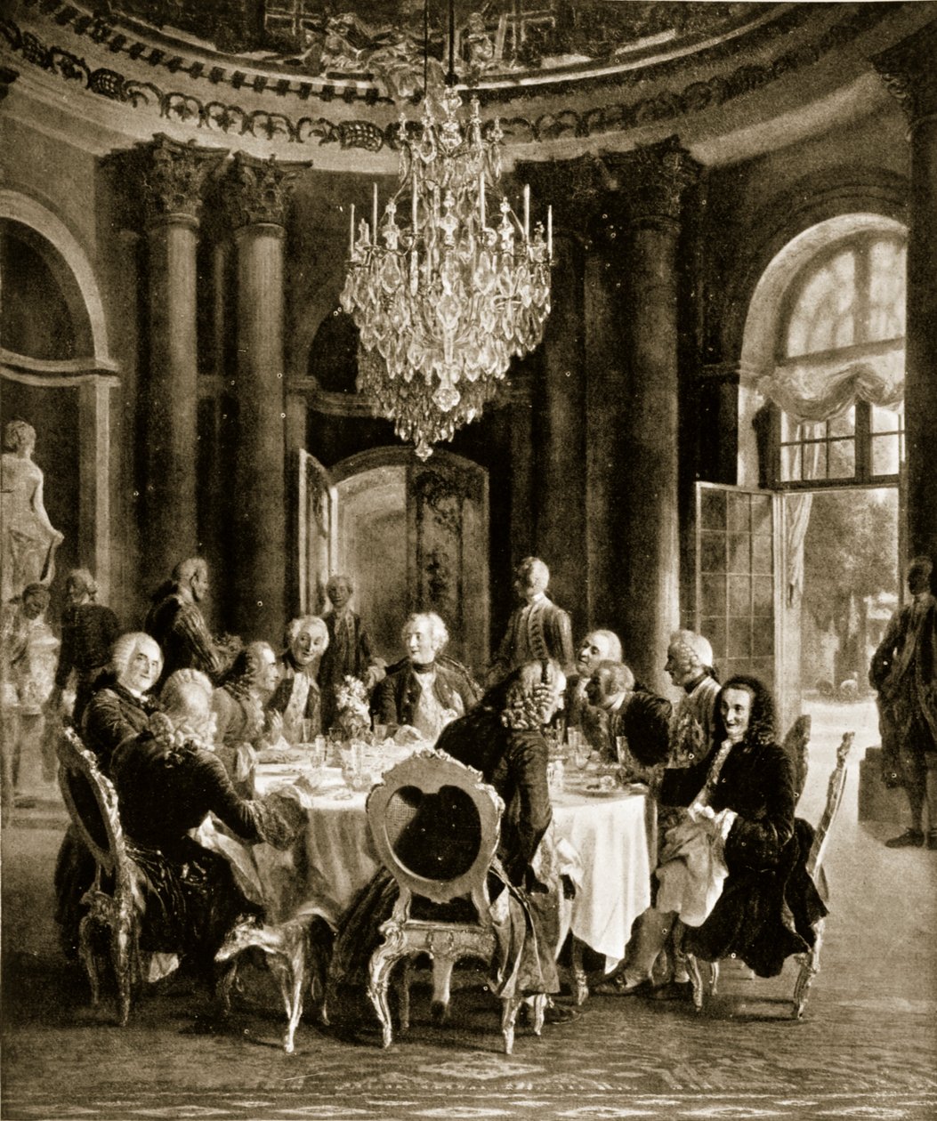 Fredrik den store underhållande Voltaire på Sanssouci, Tyskland av Adolph Menzel