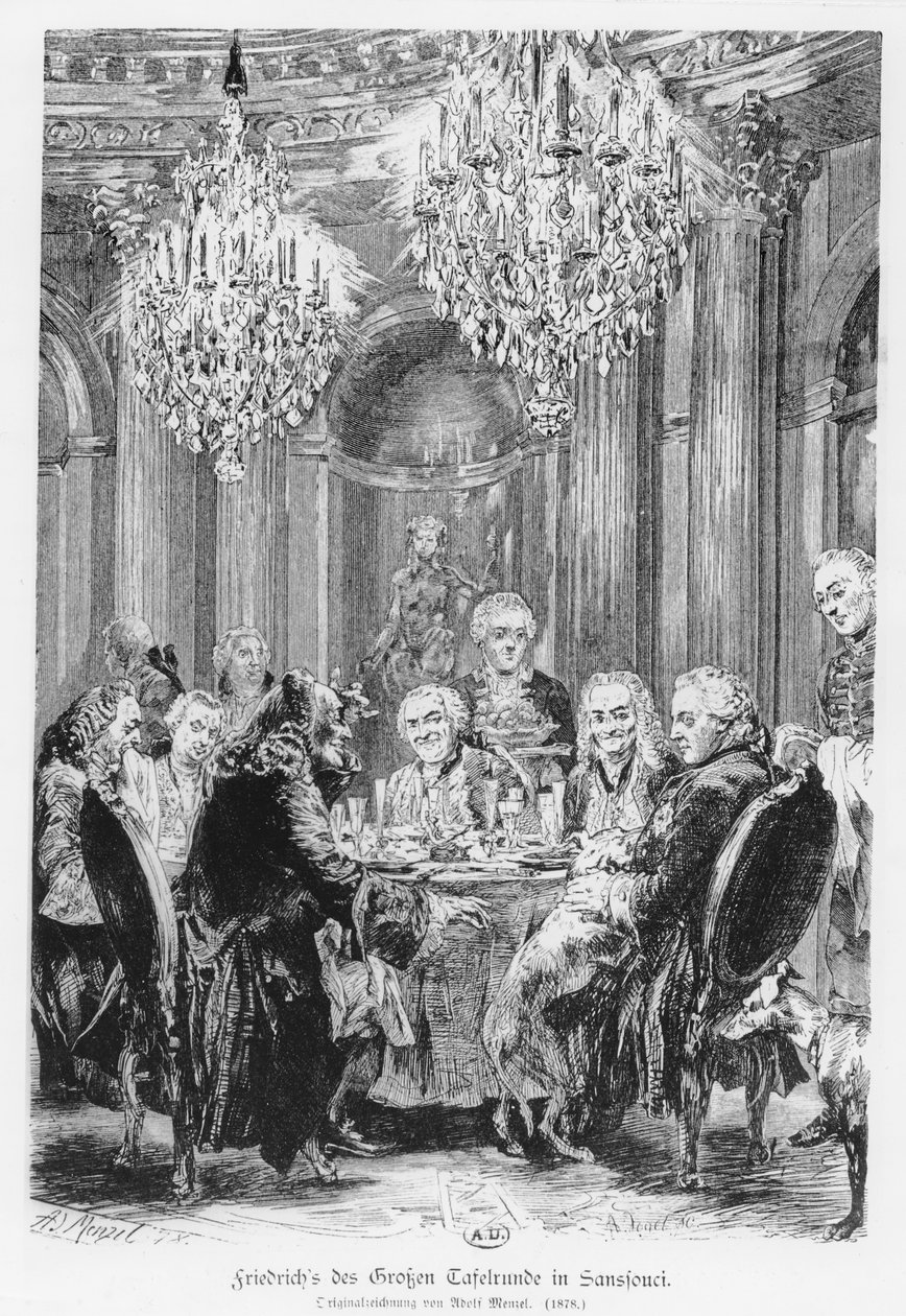 Voltaire satt bredvid kung Fredrik II på Château de Sans Souci, Potsdam, Tyskland, 1878 av Adolph Menzel