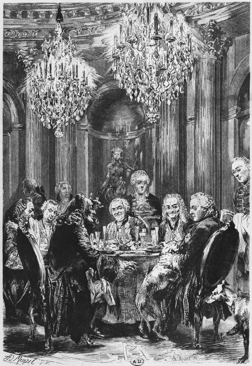 Voltaire med kung Fredrik II av Preussen (1712-86) vid Sanssouci nära Potsdam, 1878 av Adolph Menzel