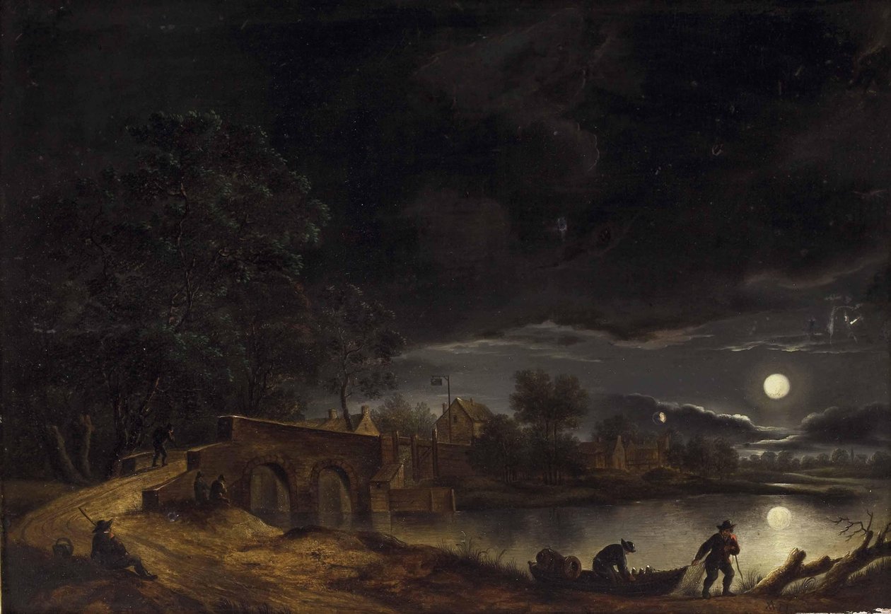 Vollmond über Dorf am Fluss mit Brücke und Personenstaffage av Adolph Friedrich Vollmer