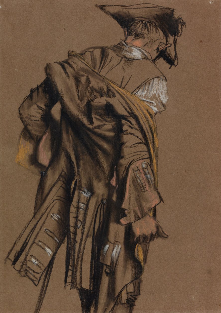 Konstnärsmodell, sett bakifrån, iklädd 1700-talsuniform av Adolph Menzel