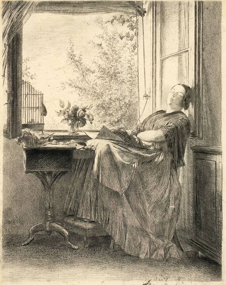 Die schlafende Näherin am Fenster av Adolph Menzel