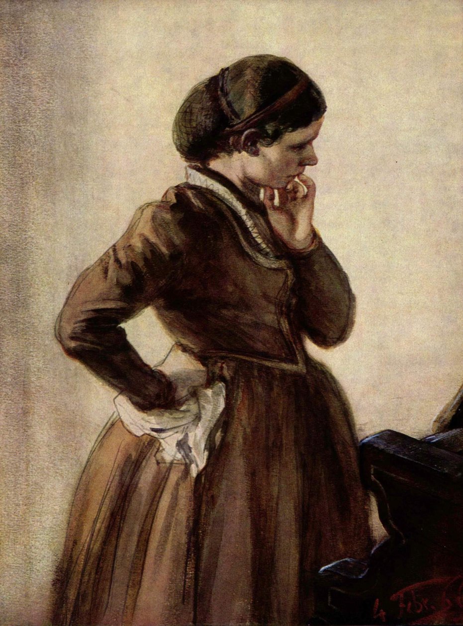 Emilie Menzel am Klavier stehend av Adolph Menzel