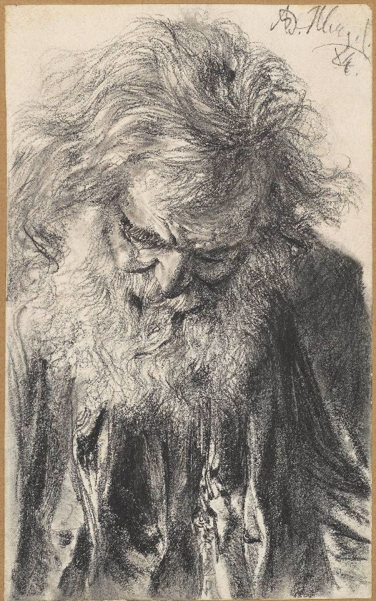 Halbfigur eines bärtigen alten Mannes mit gesenktem Kopf  av Adolph Menzel