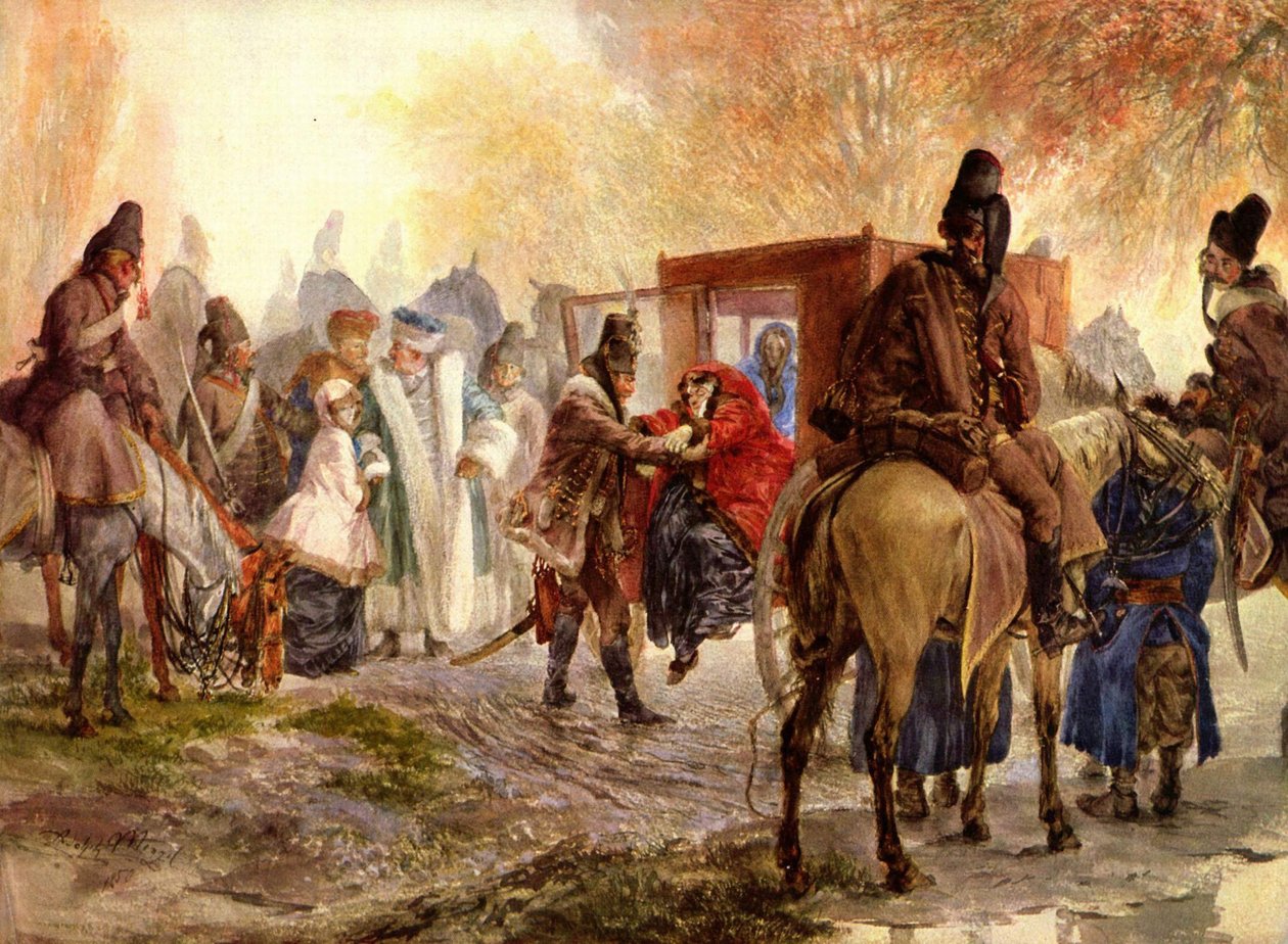Husaren bringen eine polnische Familie auf av Adolph Menzel