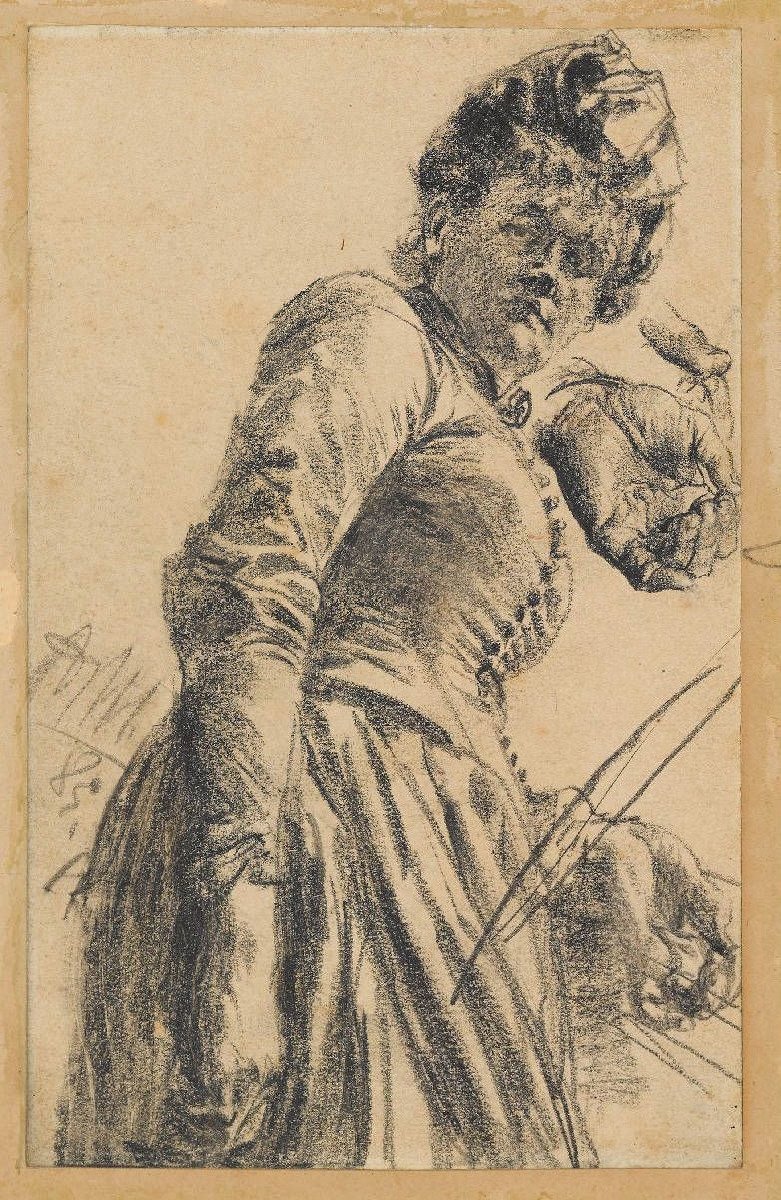 Modellstudie einer Frau mit Hut av Adolph Menzel