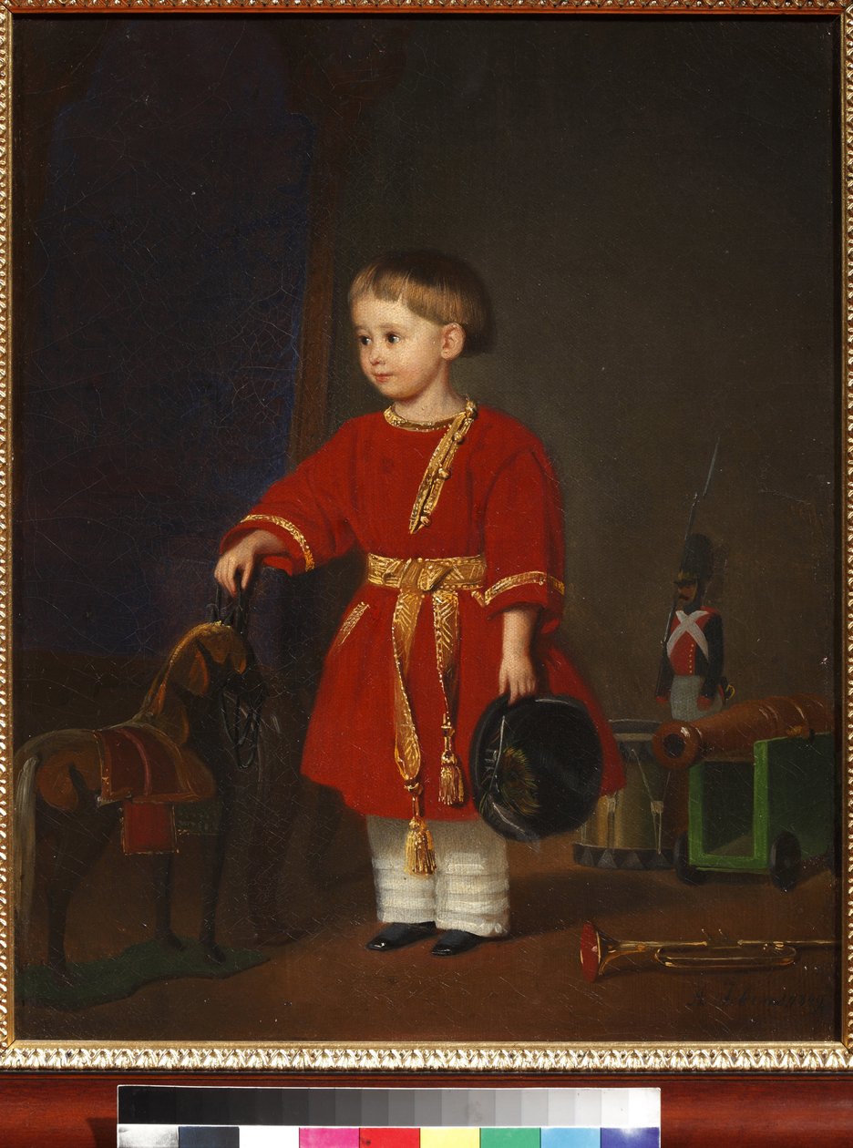 ""Porträtt av en pojke i röd klänning med militärleksaker"" (Porträtt av en pojke i röd klänning med militärleksaker) Målning av Adolf Jebens (1819-1888) 1849 Konst- och pedagogiskt leksaksmuseum, Sergiyev Posad av Adolph Gebens