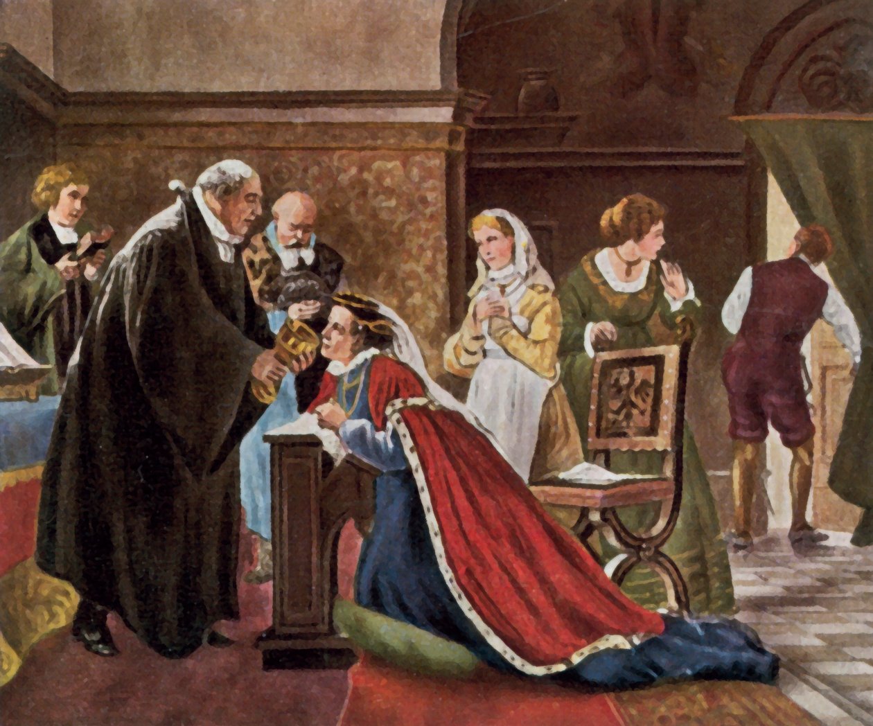 Kurfurstinnan Elisabeth tar nattvarden enligt protestantisk ritual (förstärkt färglitografi) av Adolph (after) Treidler