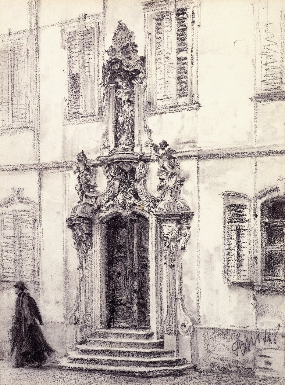 En man som går ner för trappan till en byggnad dekorerad med en barockportal, 1884 av Adolph Menzel