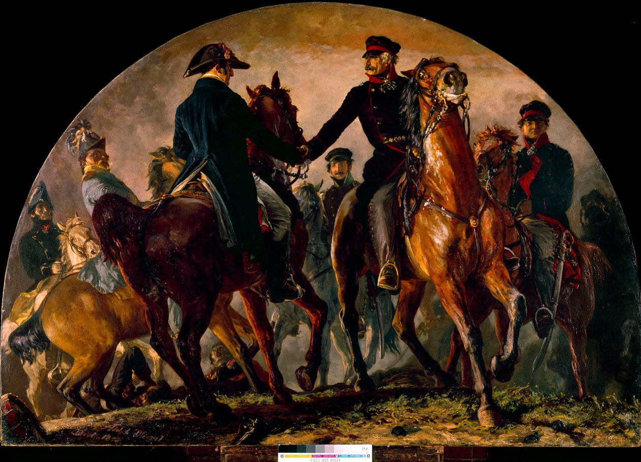 Möte av Gebhard Leberecht von Blucher (1742-1819) och Arthur Wellesley Wellington (1769-1852), vid slaget vid La Belle Alliance (1815). Målning av Adolf Menzel (1815-1905) Ec. Allt av Adolph Menzel