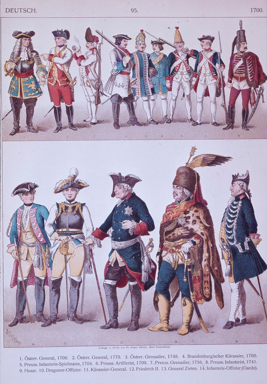 Preussiska grenadjärer från Fredrik den stores tid (färg litho) av Adolph Menzel