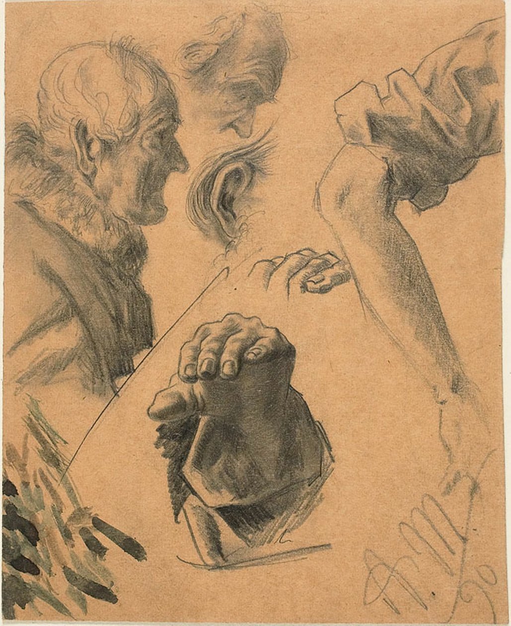 Skisser av händer, armar och huvuden av Adolph Menzel