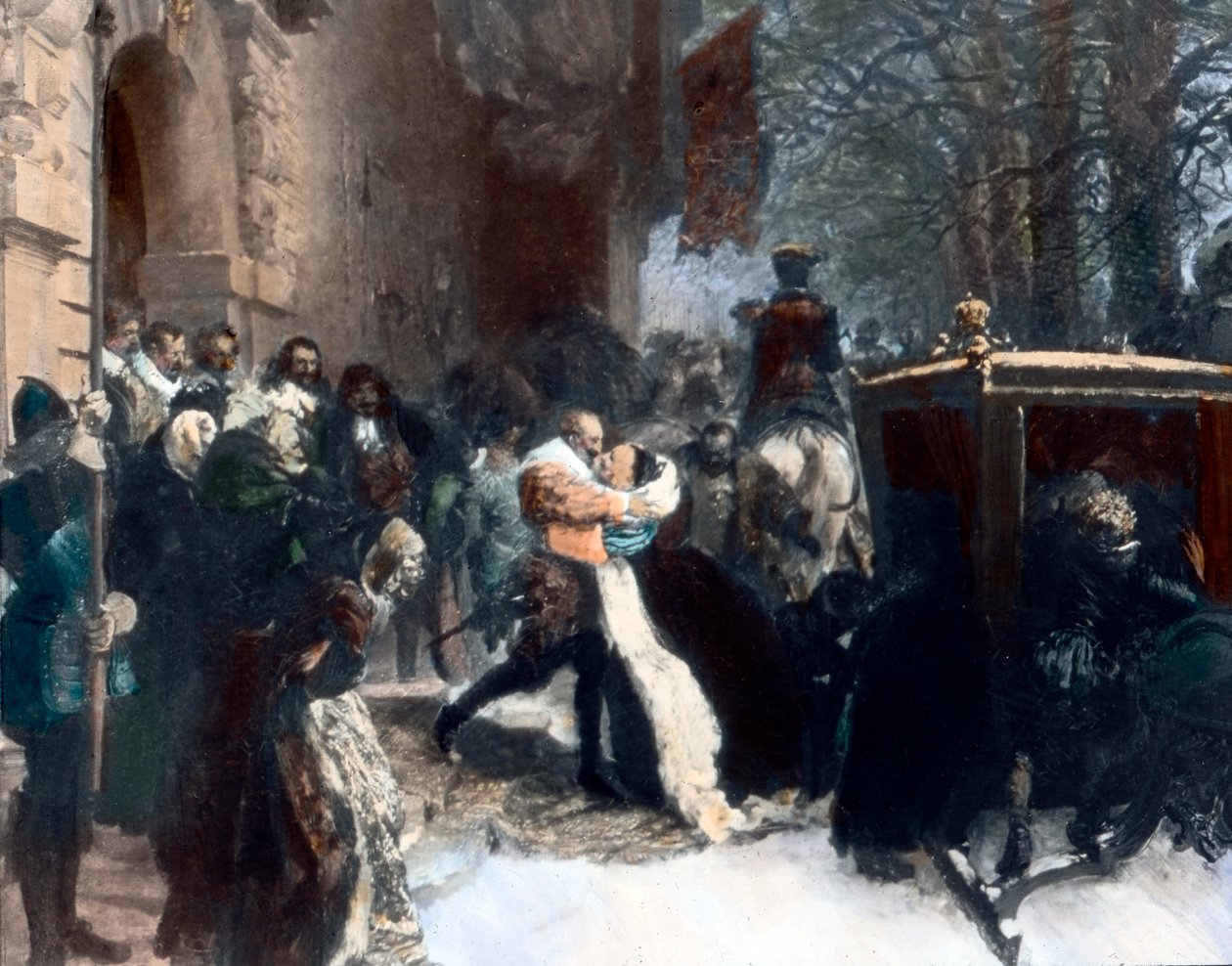 Svenske kungen Gustav Adolf välkomnar sin hustru Maria Eleonora av Brandenburg (målning) av Adolph Friedrich Erdmann von Menzel
