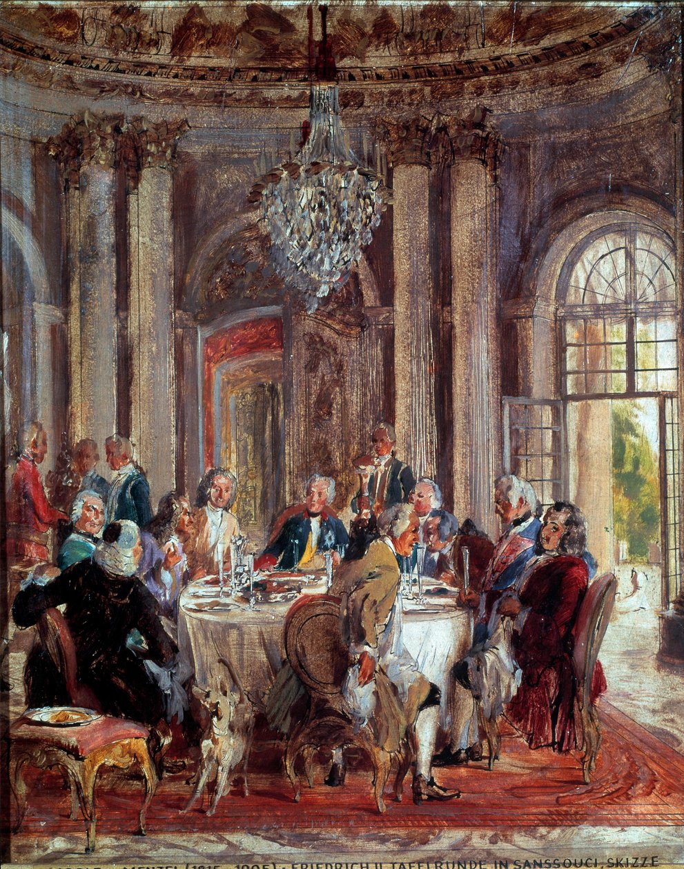 Det runda bordet för Fredrik II av Preussen (1712-1786) med Voltaire (Francois Marie) Arouet de Voltaire (1694-1778) och Christoph Ludwig von Stille (1696-1752) på slottet Sanssouci - Målning av Adolf Menzel (1815- 1905) av Adolph Menzel