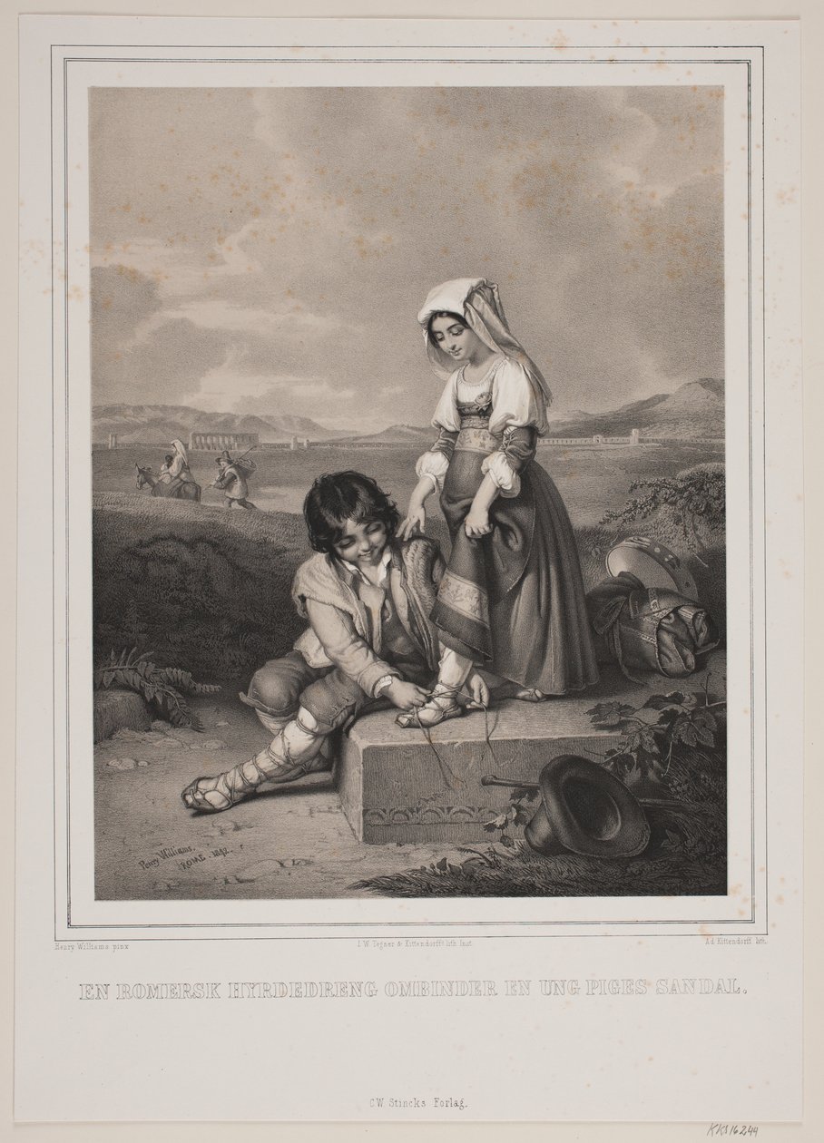 En romersk herdepojke binder en ung flickas sandal. av Johan Adolph Kittendorff