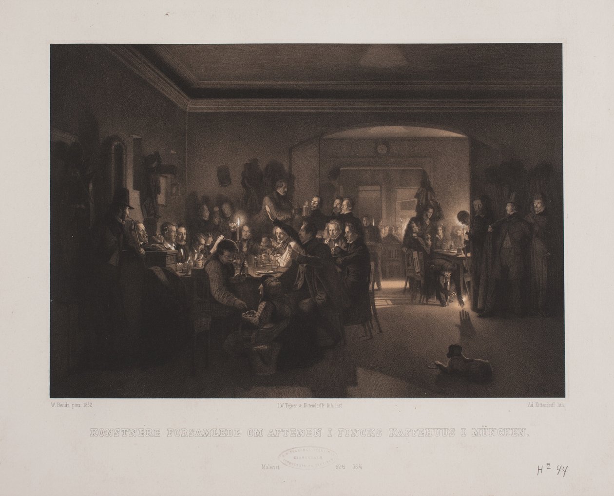 Konstnärer samlades på kvällen på Fincks kaffestuga i München. av Johan Adolph Kittendorff