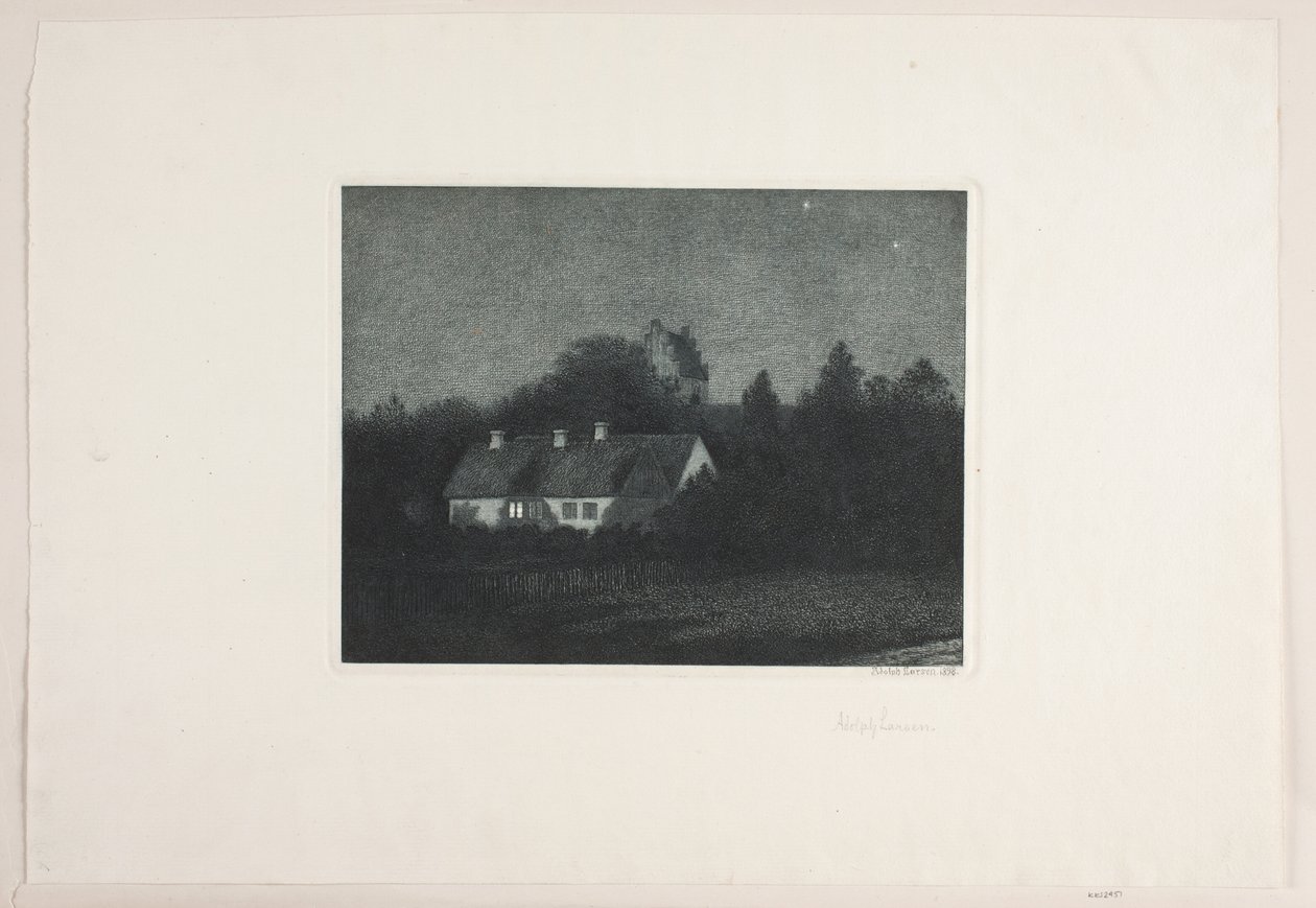 Månbelyst kväll i byn Borup av Adolph Larsen