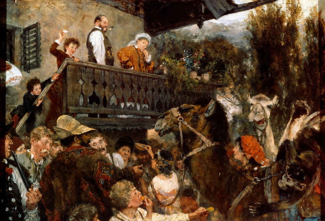 En resande cirkus Cameleers i Partenkirchen, 1884. av Adolph Menzel