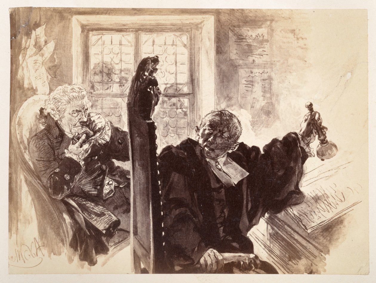 Adam, som sitter på domarstolen, slår med klockan; till höger bakom honom sitter domaren och tar en nypa, ur Heinrich von Kleists ”Den trasiga kannan” av Adolph Menzel