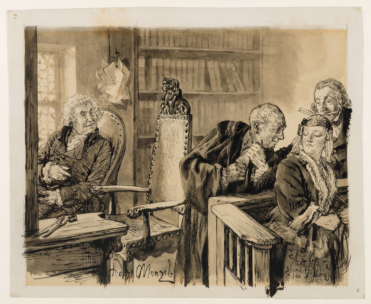 Adam talar i hemlighet med Eva. Licht lyssnar. Domaren kallar tillbaka Adam till domarstolen. Ur Heinrich von Kleist, Den trasiga kannan av Adolph Menzel
