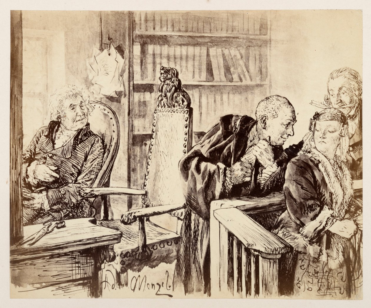 Adam talar i hemlighet med Eve. Licht lyssnar. Justitierådet kallar Adam tillbaka till domarsätet, till Heinrich von Kleists "Den sönderslagna krukan" av Adolph Menzel