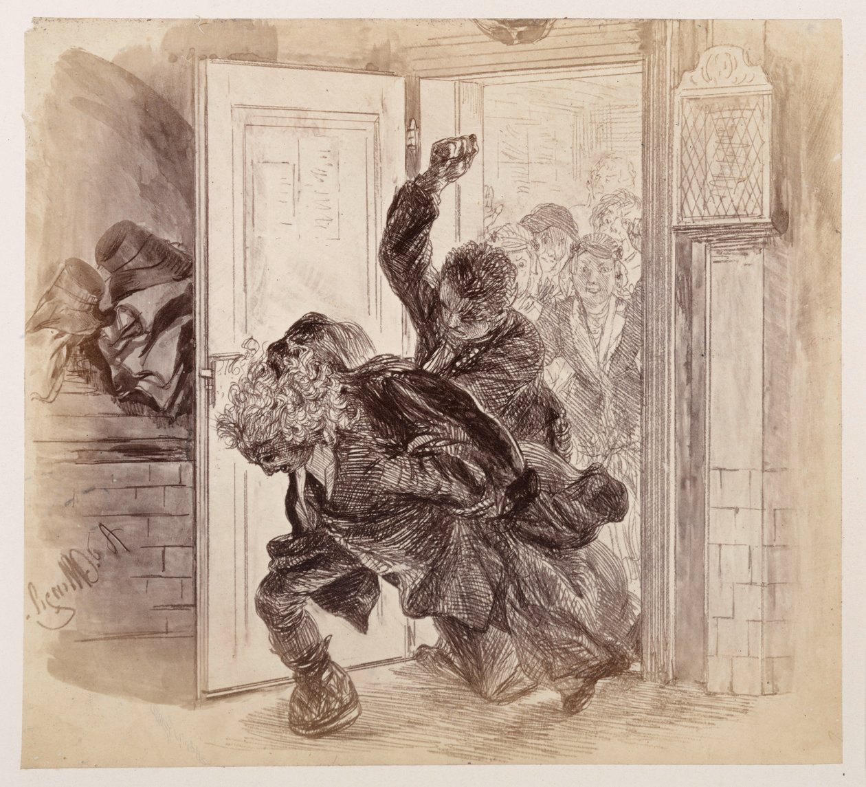 Adam, som har blivit misshandlad av Ruprecht, rusar ut ur rättssalen, medan Eva och de andra ser på i bakgrunden – till Heinrich von Kleists ”Den trasiga krukan” av Adolph Menzel