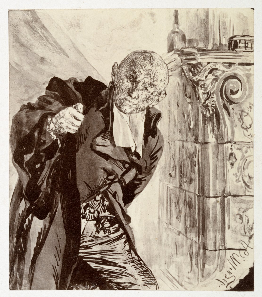 Adam står till höger om en kakelugn och tar på sig sin domartalar, till Heinrich von Kleists ”Den trasiga kannan” av Adolph Menzel