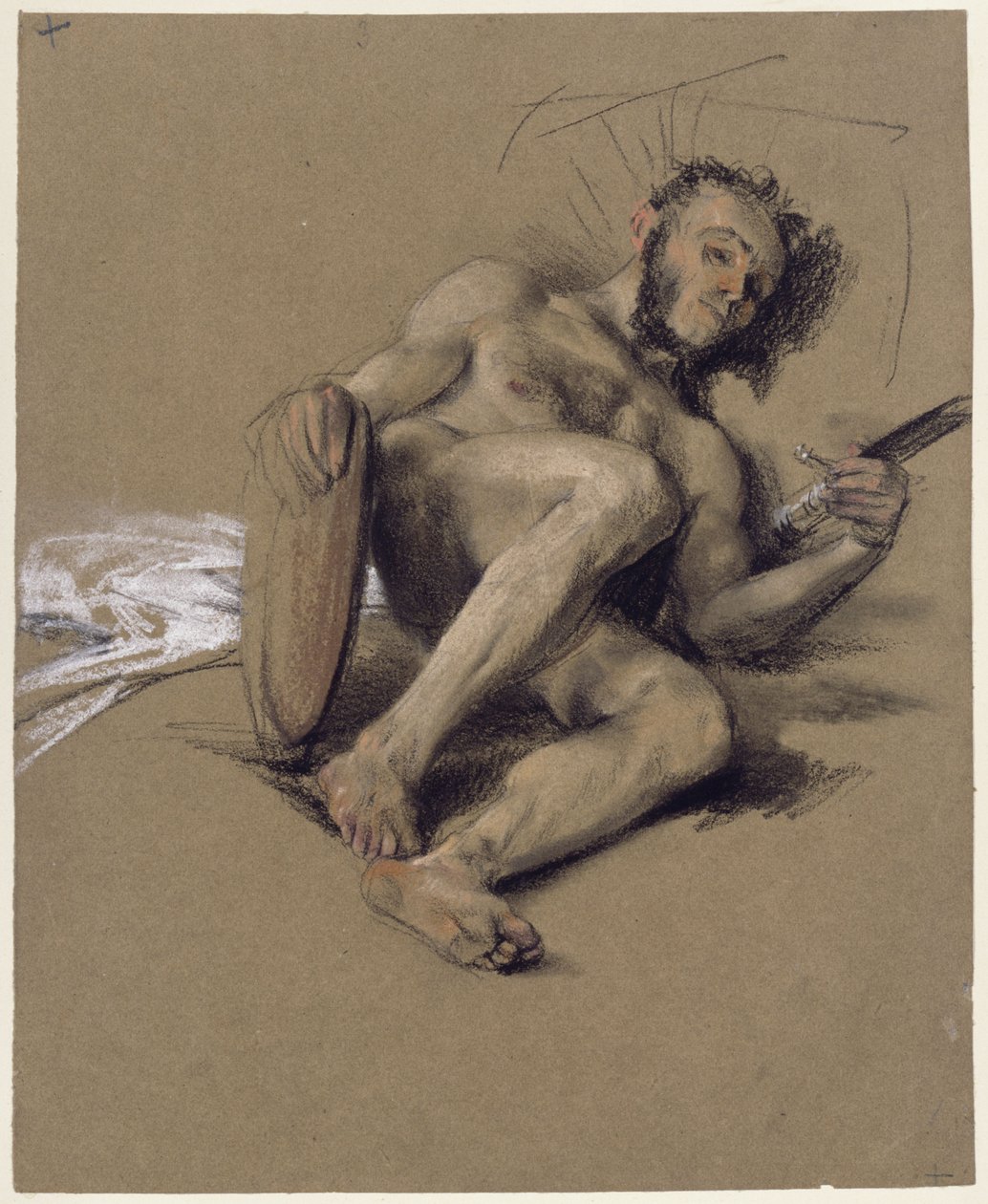 Aktstudie, skäggig man som vilar på marken till vänster med svärd och sköld i händerna, studie till talet med anledning av kronprinsens myndighetsdag 1850 av Adolph Menzel