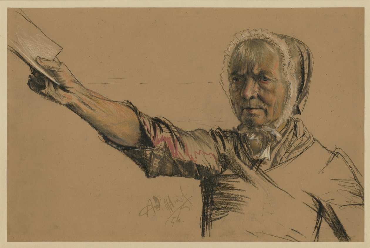 En äldre kvinna som med höger hand sträcker fram en framställning av Adolph Menzel