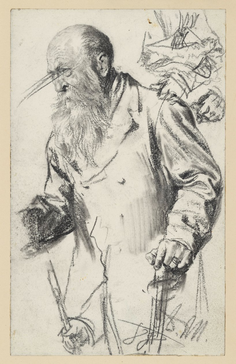 En äldre, skäggig man i kjol vid Stock, vissa detaljer upprepas av Adolph Menzel