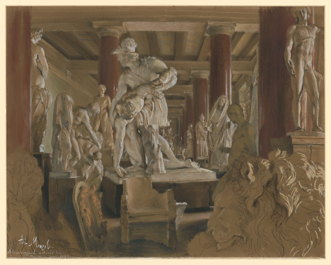 Förvaringssal för gipsavgjutningar under byggandet av det nya museet i Altes Museum av Adolph Menzel
