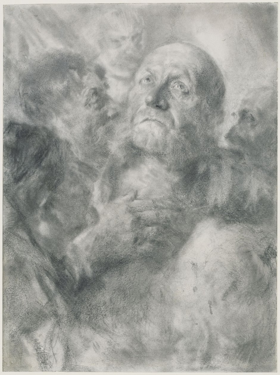 En äldre man som blickar uppåt och fyra ansikten av Adolph Menzel