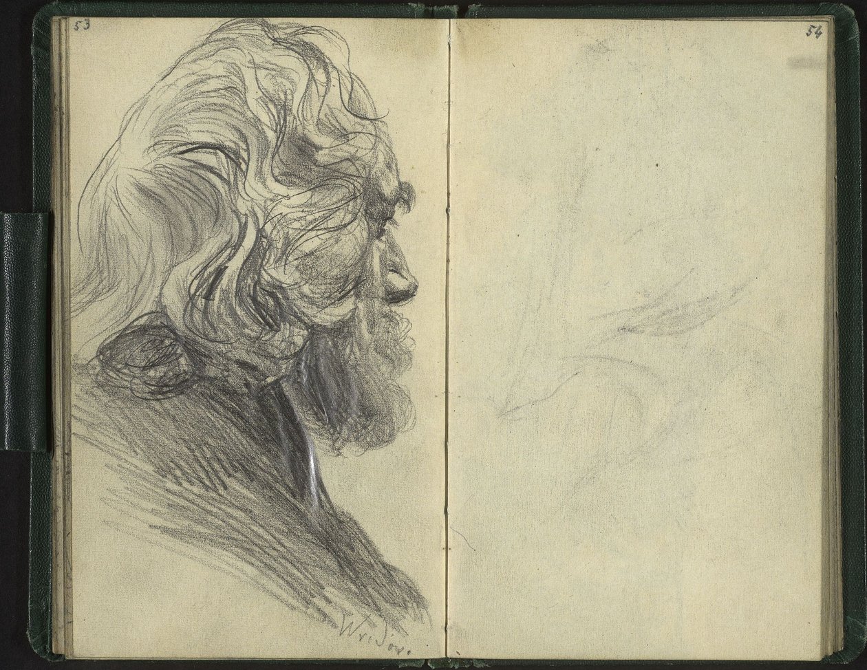 Skäggig man i förvriden profil av Adolph Menzel