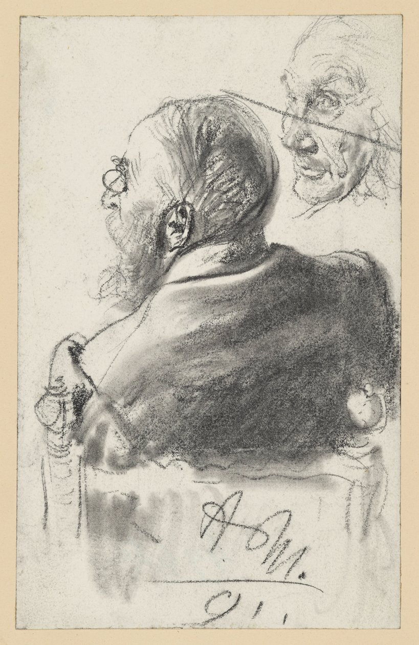 Skäggig man med pincené sittande i en fåtölj, sedd bakifrån, ansikte av en gammal man av Adolph Menzel