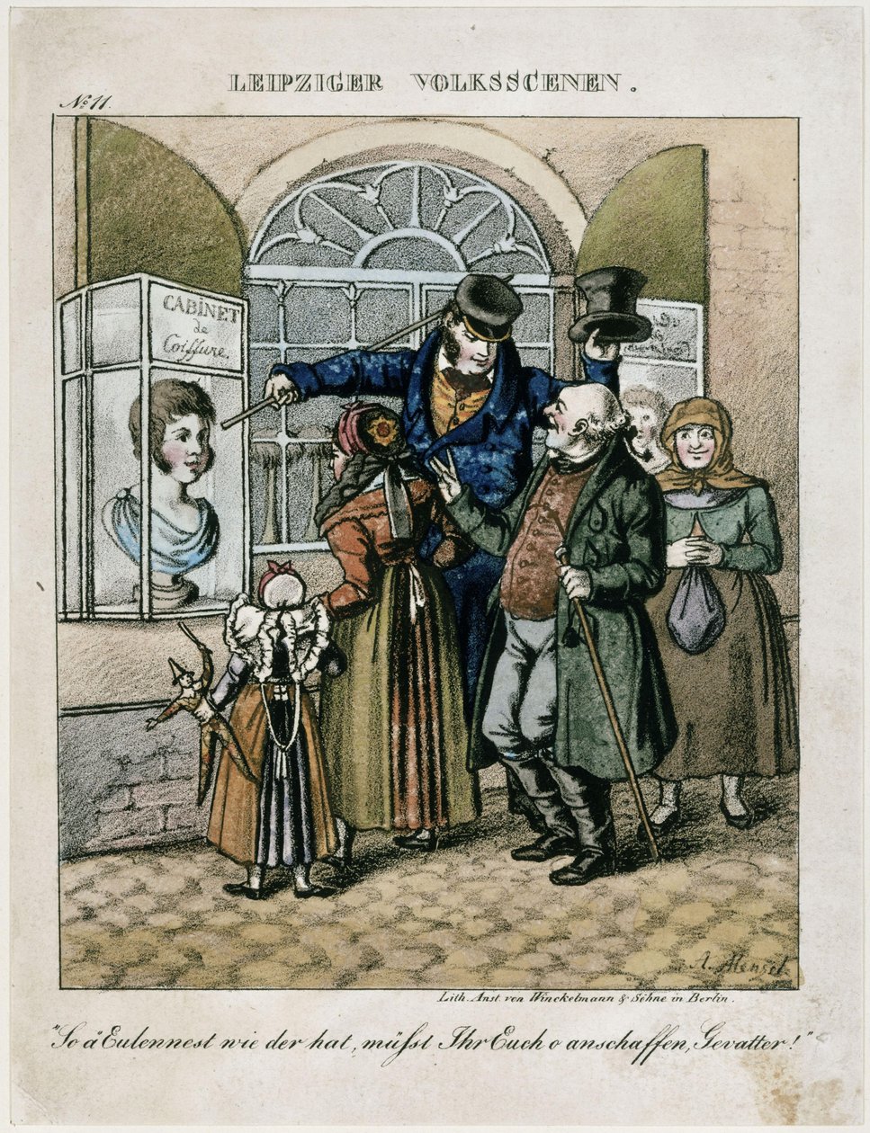 Bönder framför en frisörs vaxbyst. Ur: Folkscener från Leipzig av Adolph Menzel