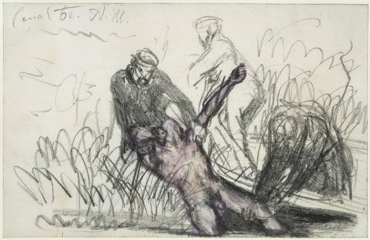 Bärgning av en manlig kropp ur Landwehrkanalen (c) av Adolph Menzel