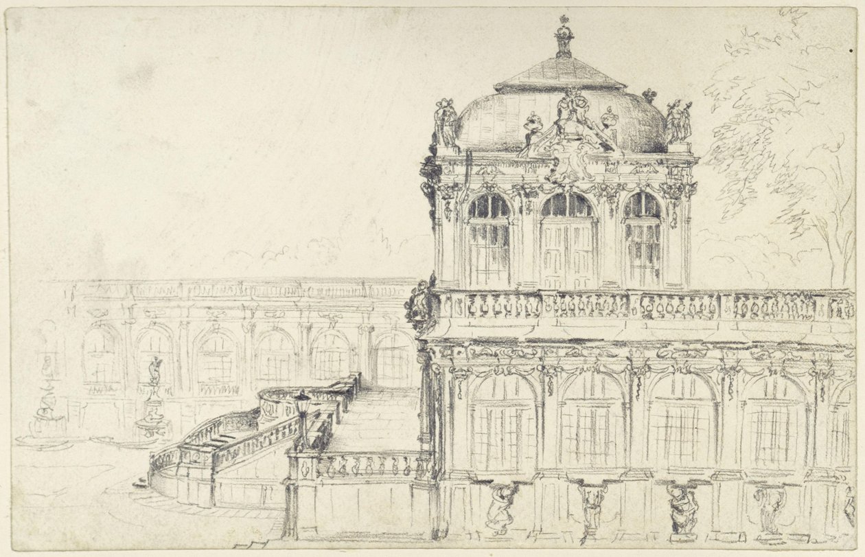 Utsikt över den smala sidan av den matematisk-fysikaliska salongen och den östra långgalleriet i Zwinger i Dresden av Adolph Menzel