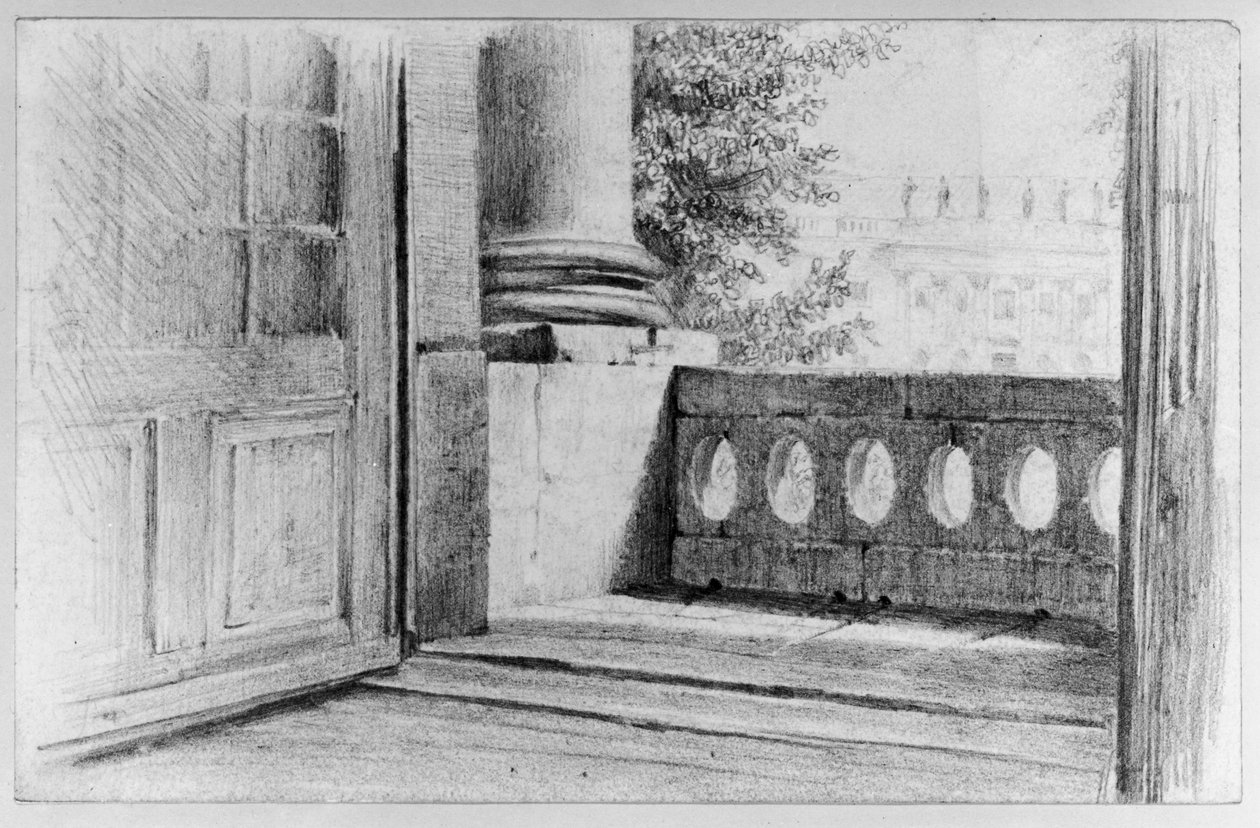 Utsikt från Kungliga biblioteket över mittutskottet på operahusets östra sida i Berlin av Adolph Menzel