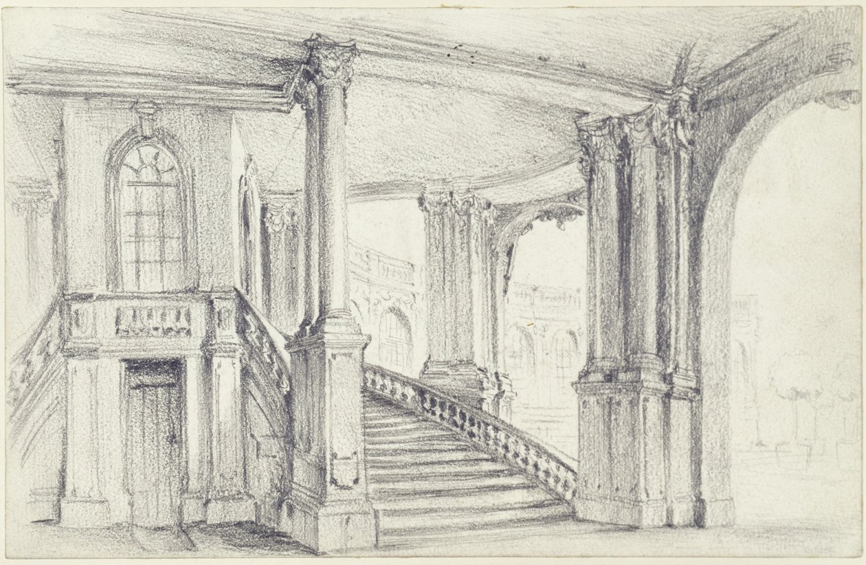 Utsikt genom stadspaviljongen mot den sydöstra arkadgalleriet i Zwinger i Dresden av Adolph Menzel