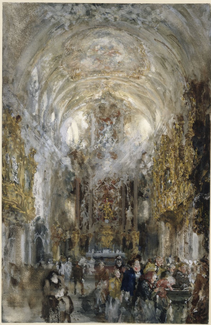 Vy in i Vår Frus kollegiatkyrka vid Gamla kapellet i Regensburg, längst fram till höger personer vid vigvattenkaret av Adolph Menzel