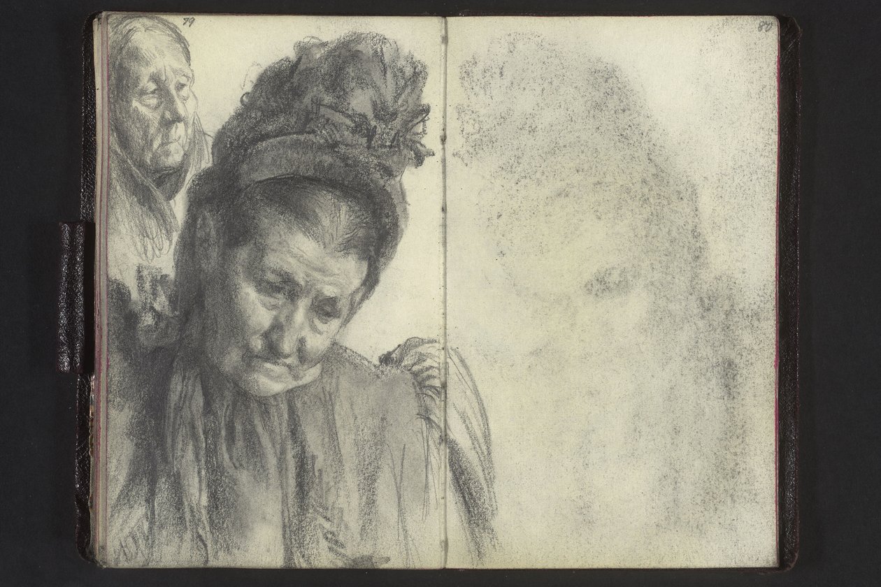 Bystbild av en gammal kvinna med hatt, kvinnohuvud med huvudduk av Adolph Menzel