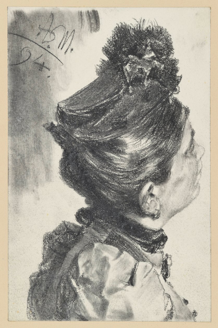 Bystbild av en uppåtblickande dam med hatt, vänd åt höger av Adolph Menzel