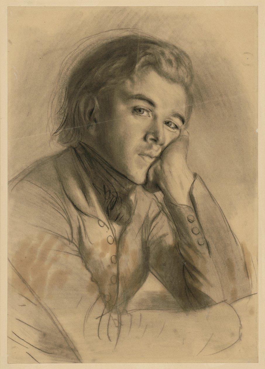 Bystbild av en pojke vänd åt höger, med huvudet vilande på vänster hand, förmodligen Carl Johann Arnold, jfr. SZ Menzel nr 1723 av Adolph Menzel