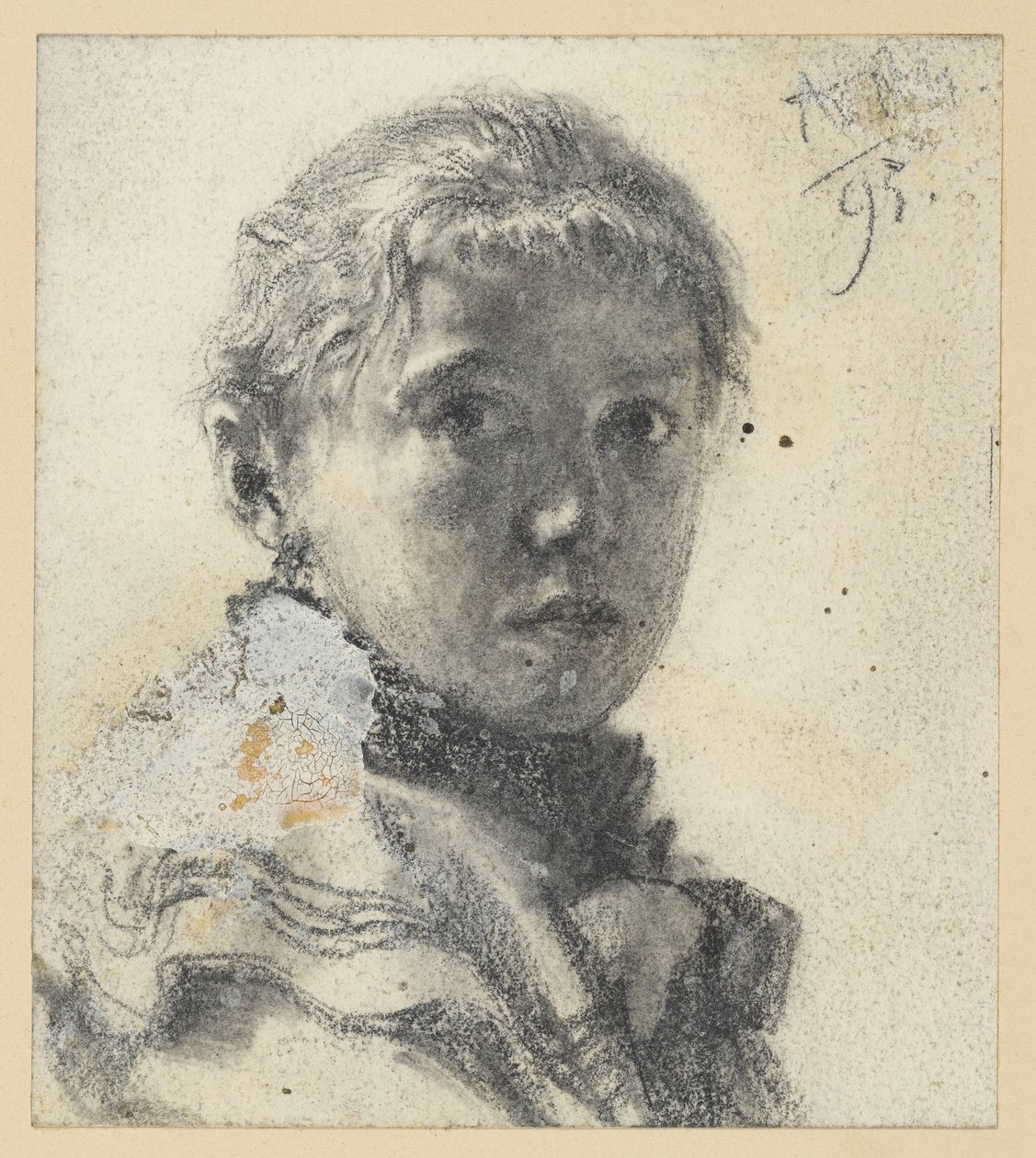 Bröstbild av en flicka åt höger, med huvudet vänt mot betraktaren av Adolph Menzel