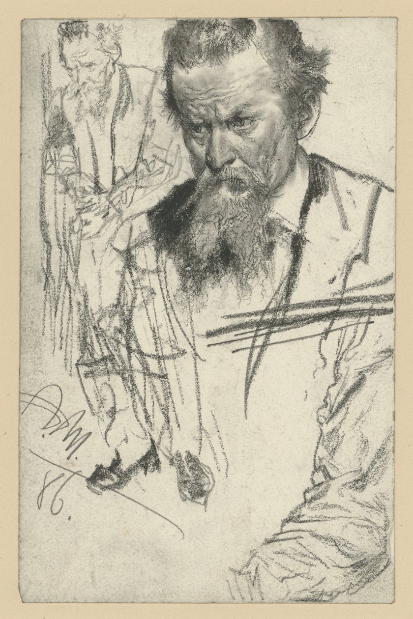 Bröstbild av en man med styre-mustasch, lätt framåtlutad åt vänster, till vänster: en stående man vänd åt vänster, till höger: studie av en ärm av Adolph Menzel