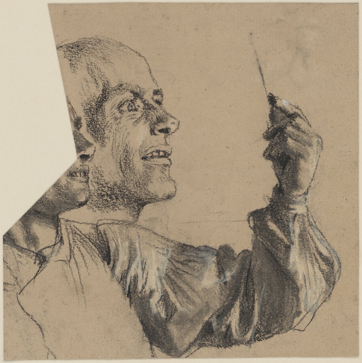 Byst av en man med glest hår, ansiktsprofil och vänster arm. Ansiktsstudie av Adolph Menzel