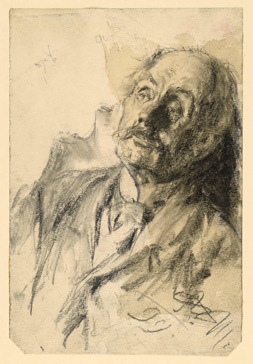 Bröstbild av en äldre man med mustasch, lutad bakåt åt höger av Adolph Menzel
